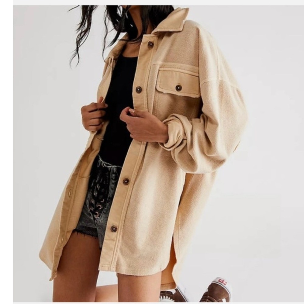 Free People Ruby Jacket Tan Fleece Oversized Button Front Shacket Large